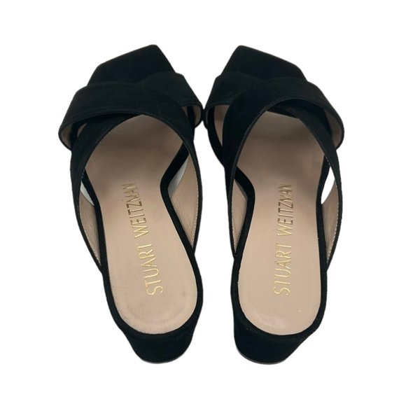 Stuart Weitzman Aletha Black Suede Cross Strap Square Toe Heeled Sandals - Picture 7 of 11